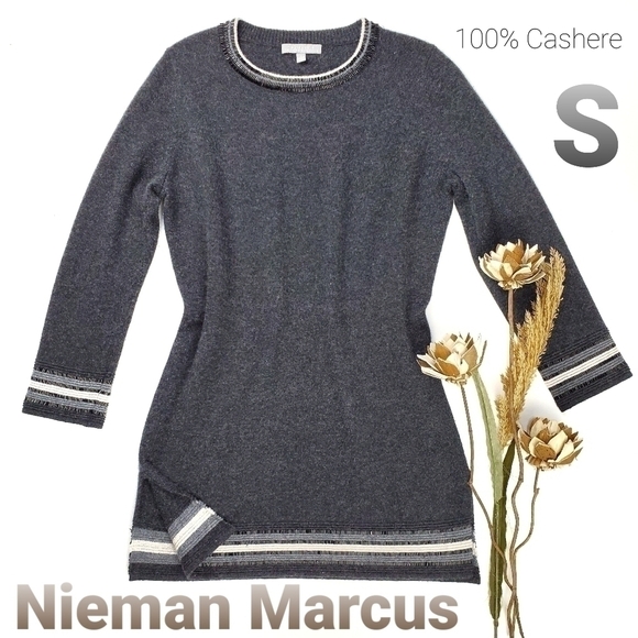 Neiman Marcus Cashmere Gray Beaded Cashmere Sweater Dress S - Picture 1 of 15